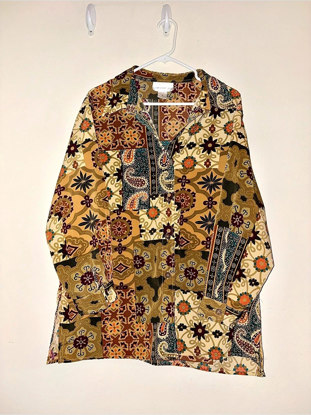 Susan Graver Style Patchwork Paisley Button Up Tunic Shirt Top XL Boho Polyester
